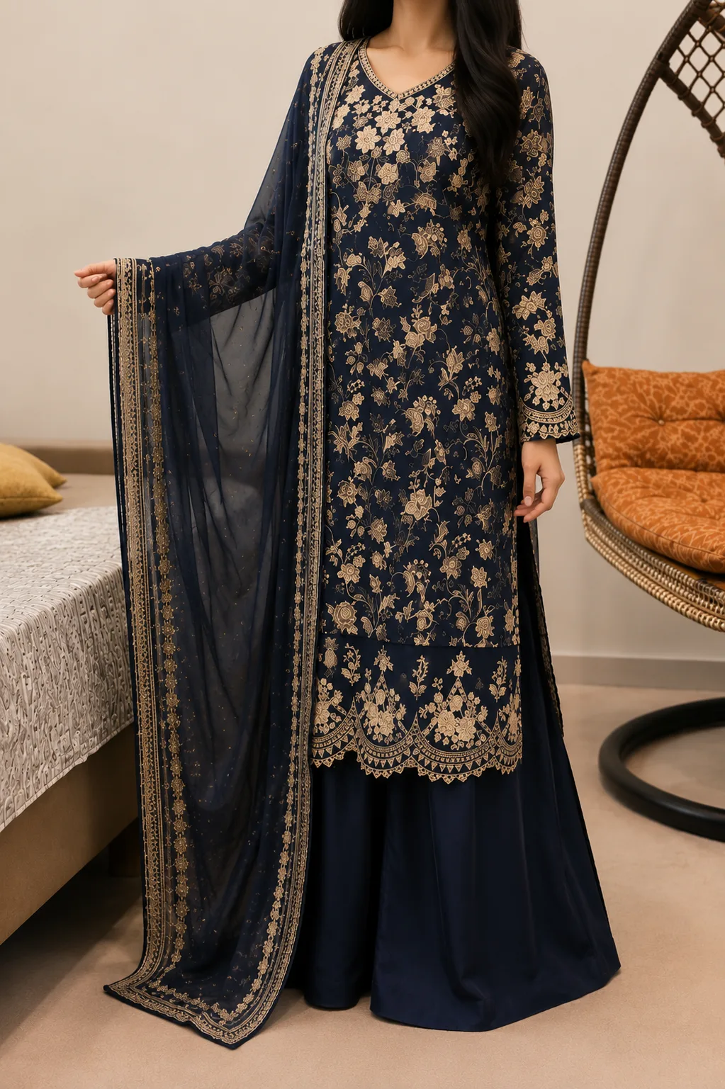 Navy Embroidered Lawn 3 Piece